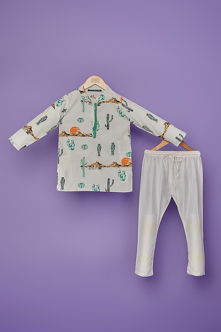 White Cotton Cactus Printed Kurta Set For Boys by Spring Break- Kids at Pernia's Pop Up Shop